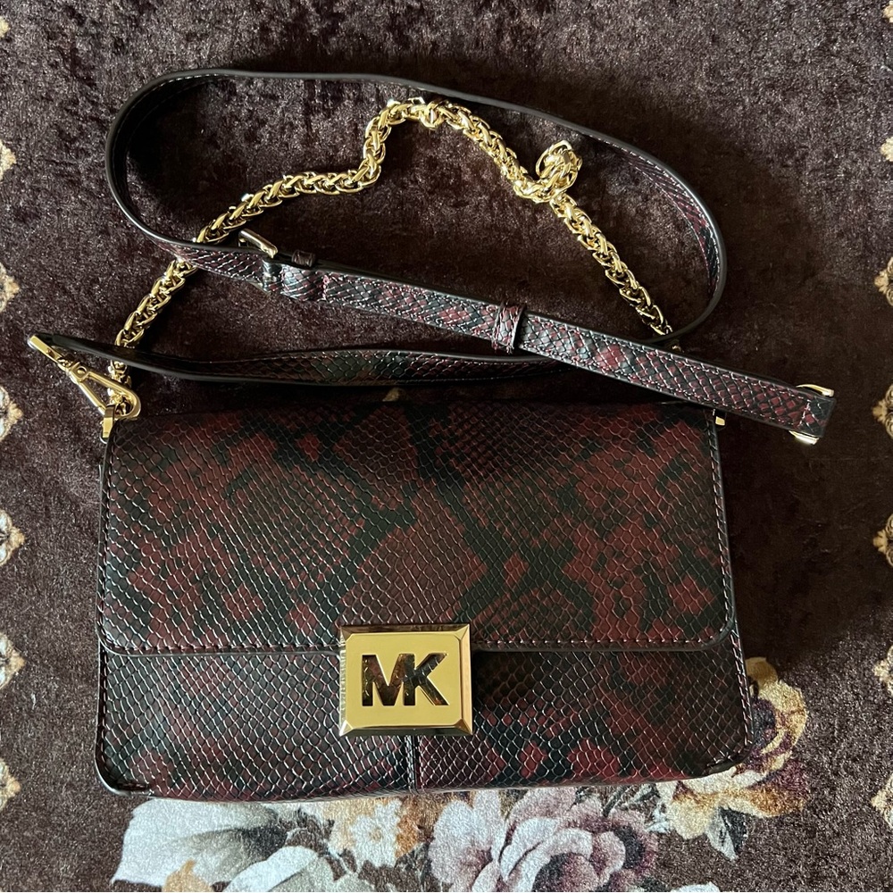 MICHAEL KORS Sonia Merlot Snake Embossed Faux Leather Medium Shoulder Bag NWT